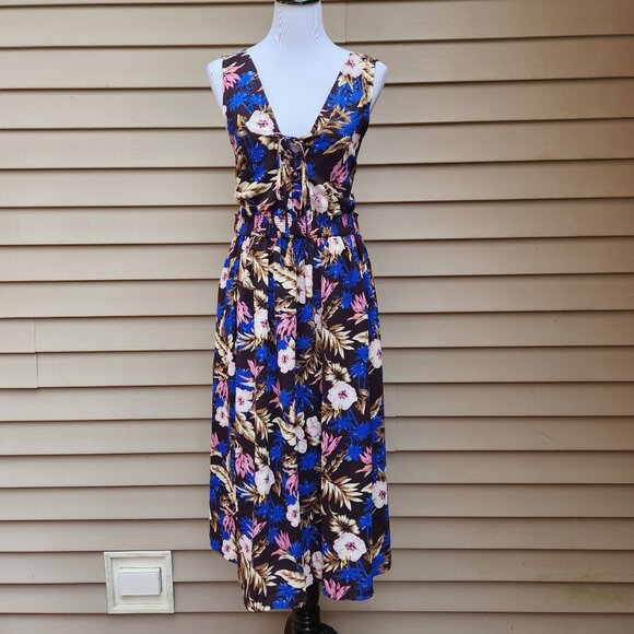 Everly Dark Purple Midi Dress Multicolor Floral Print Open-Back Lace-Up Neck - Picture 2 of 13